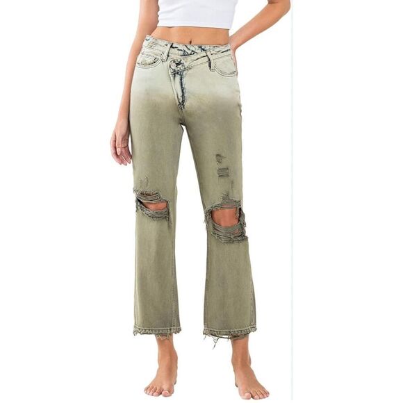 VERVET Denim - VERVET, Super High Rise Criss Cross Waistband Crop Straight Jeans, Olive new siz